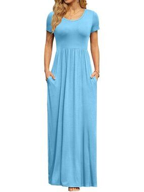 〽️Light Blue Women's Summer Maxi Dress Short Sleeve Empire Waist Pockets Long